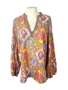 Ashley Stewart bold medium weight tunic top size 14 embroidered neckline‎
